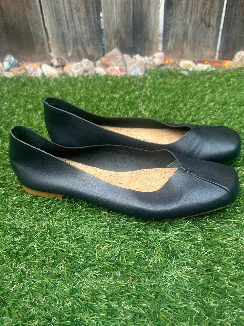 Kork-Ease Black Leather Square-Toe Ballet Flats